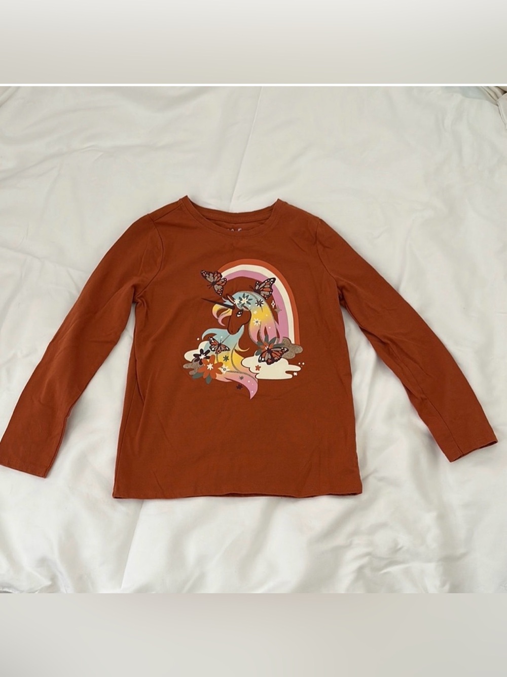 CAT & JACK Girls Rust Brown Unicorn Horse Rainbow Graphic Long Sleeve Tee Size 7